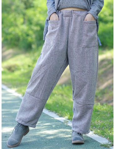 Casual Loose Solid Grey Big Pockets Women Wide Leg Pants