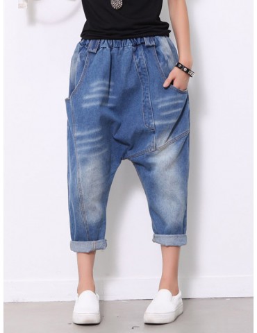 Elastic Waist Solid Color Casual Harem Jeans For Women