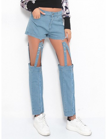 Hollow Solid Color High Waist Jeans For Women