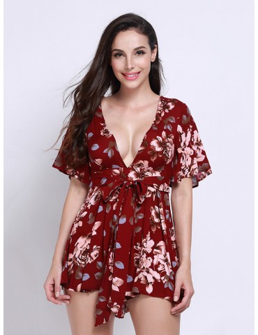 Women Sexy Vintage Floral Print V Neck Playsuit