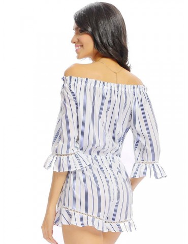 Women Casual Stripe Print Off Shoulder Half Sleeve jumpsuit