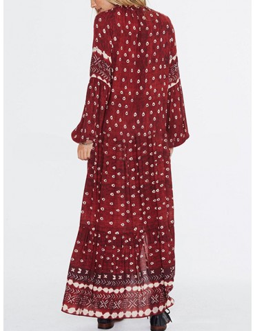 Women Ethnic Print Splited Long Sleeve Vintage Maxi Dress