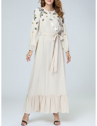 Flower Embroidered Long Sleeve Belted Maxi Dress