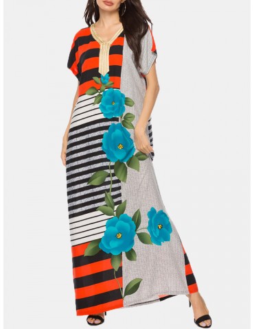 Vintage Bohemian Print Short Sleeve V-neck Maxi Dress