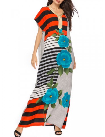 Vintage Bohemian Print Short Sleeve V-neck Maxi Dress