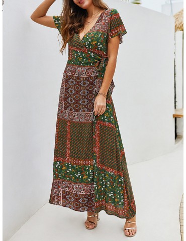 Bohemian Print Cross Wrap Tie Waist Dress For Women