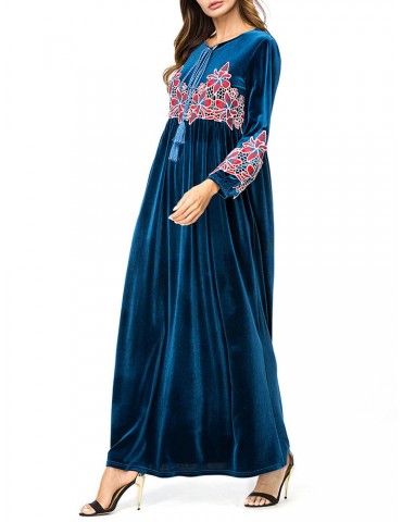 Velvet Flower Print Slim Long Sleeve Muslim Long Dress