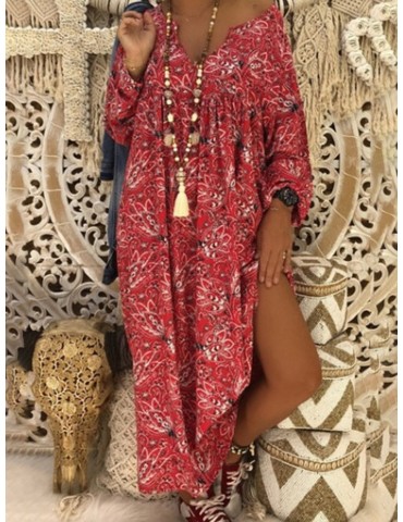 Loose Long Sleeve Print Bohemian Maxi Dress For Women