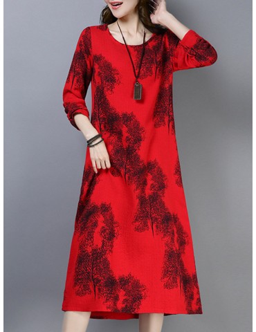 Long Sleeve Loose Print O-neck Vintage Mid-calf Dresses