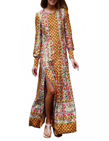 Splied Folk Style Print Long Sleeve Dress For Women