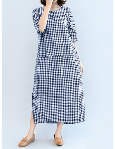 Plaid Print Side Splited Loose Half Sleeve Vintage Dresses